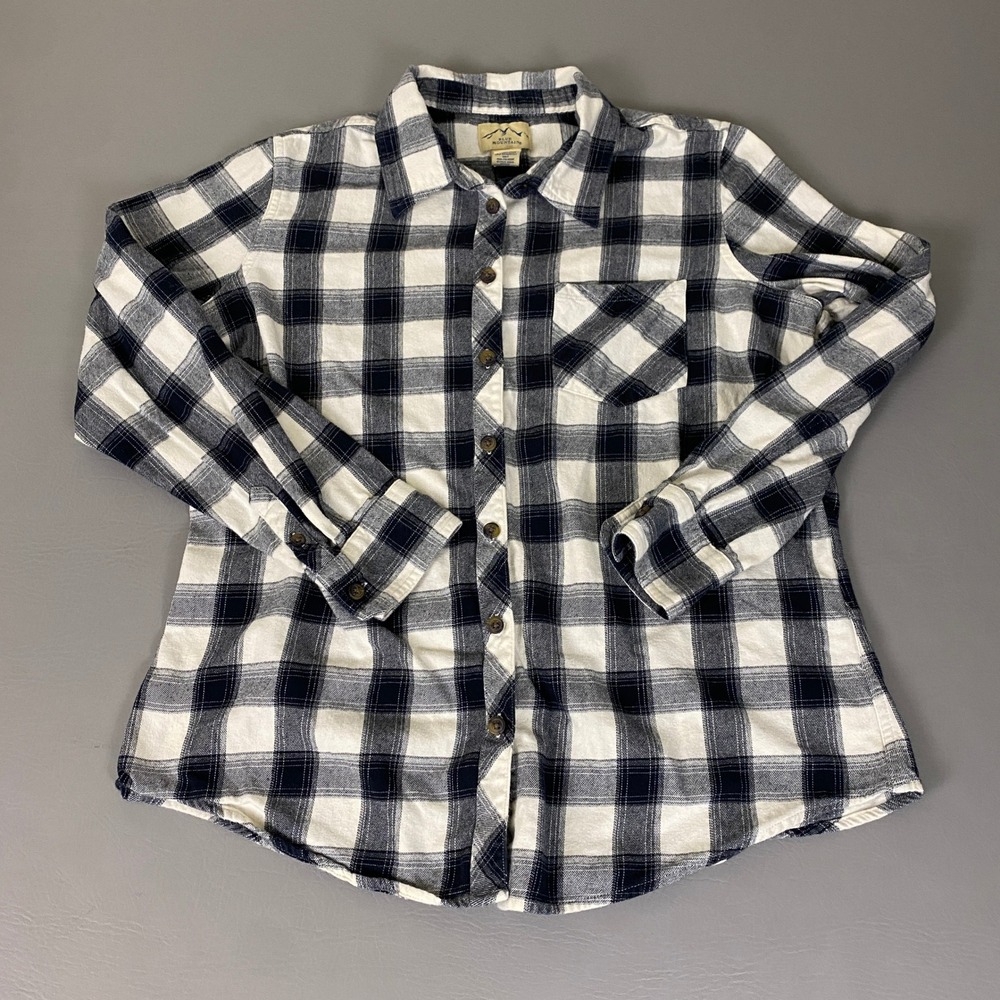 Blue Mountain Flannel Button Down Shirt Men's Size Large Plaid Navy White Cotton